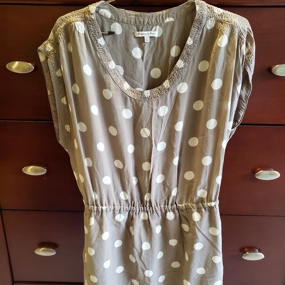Light brown and white polka dot silk dress